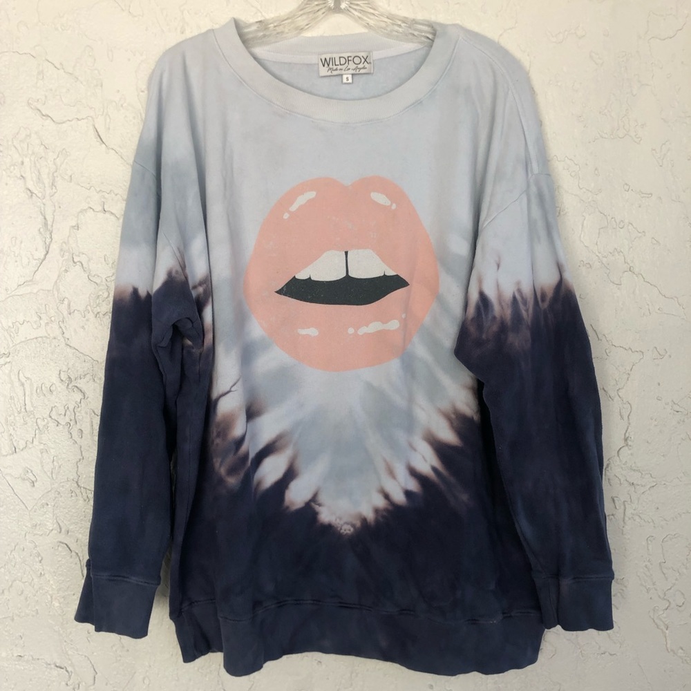 WILDFOX Blue Tie Dye Open Mouth Lips Cozy Oversized Pullover Sweatshirt Small